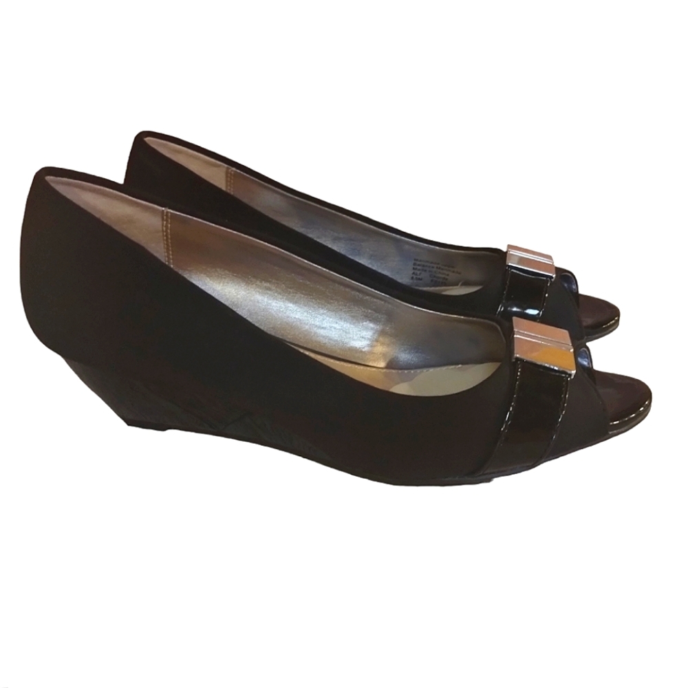 Alfani Step N Flex Chorde Black Open Toe Wedge Heels Size 8.5
